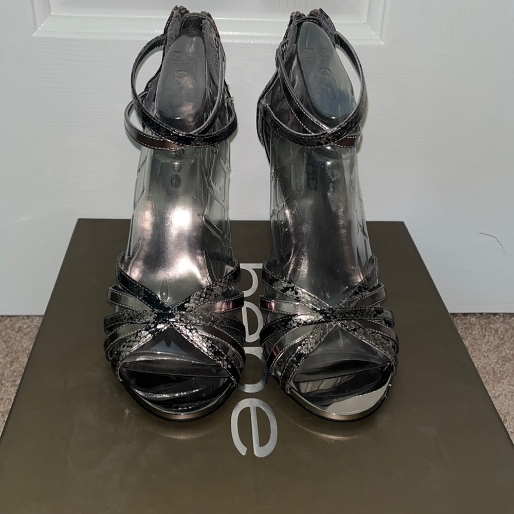 Bebe heels in gunmetal and python